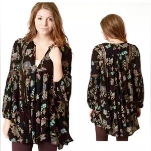 Free People Black Floral Tunic Top